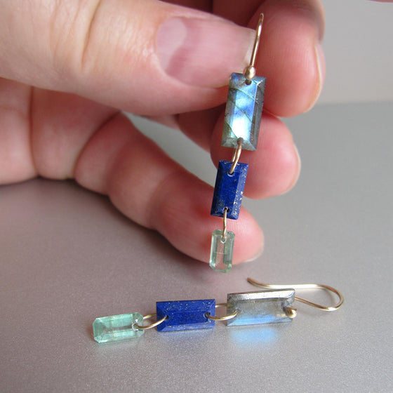 Labradorite, Lapis Lazuli, and Kyanite Baguettes, Triple Drops, Solid 14k Gold Drop Earrings