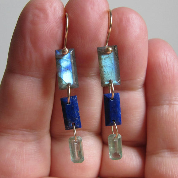 Labradorite, Lapis Lazuli, and Kyanite Baguettes, Triple Drops, Solid 14k Gold Drop Earrings
