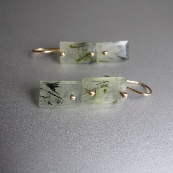 tourmalated prehnite rectangle double drops solid 14k gold earrings