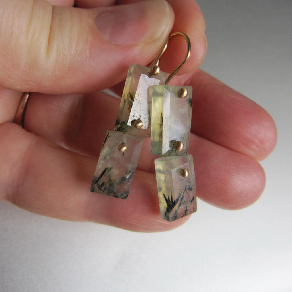 tourmalated prehnite rectangle double drops solid 14k gold earrings3