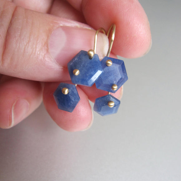 blue sapphire hexagonal double drops solid 14k gold earrings