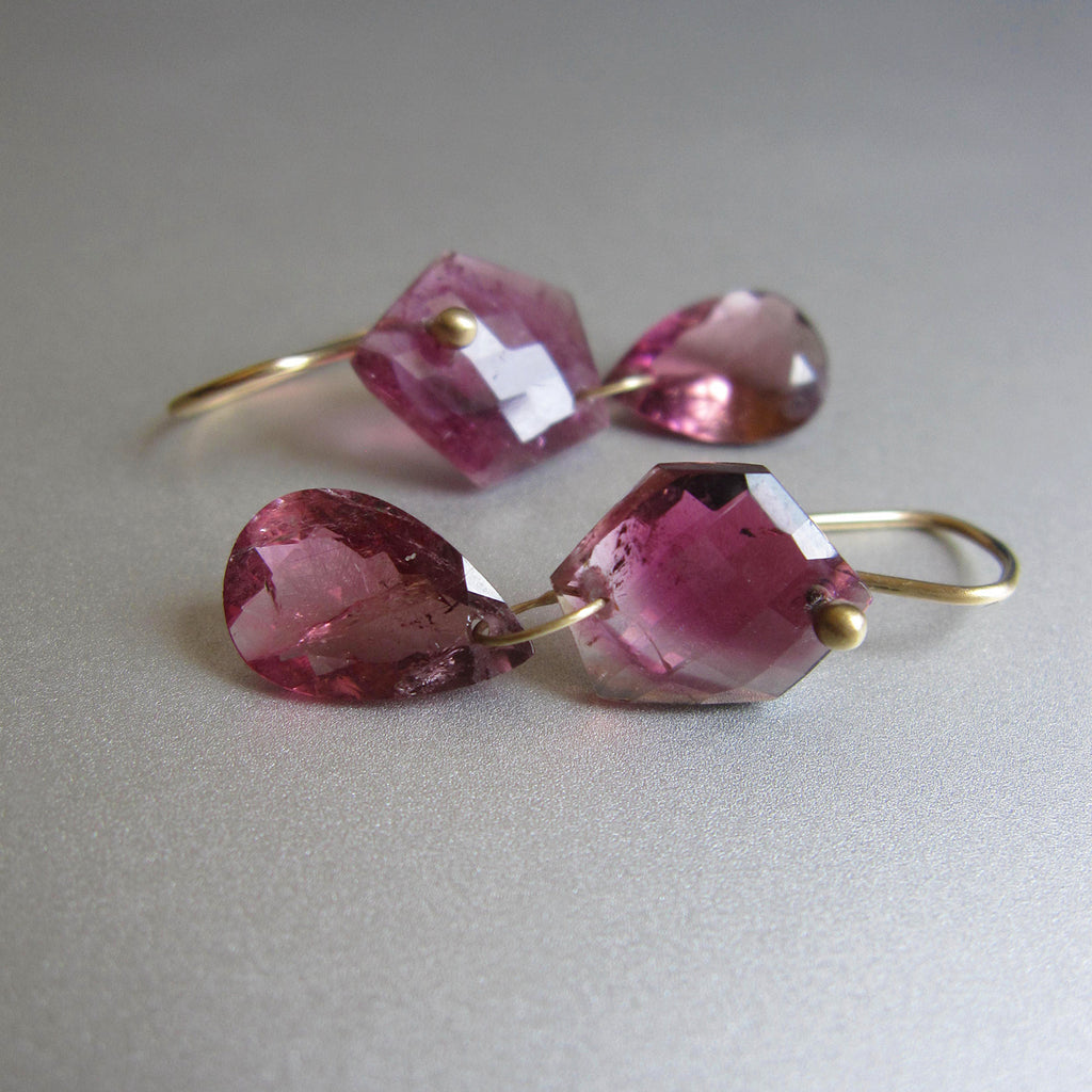 Pink Rubellite Tourmaline Mismatch Double Drops Solid 18k Gold Earrings6
