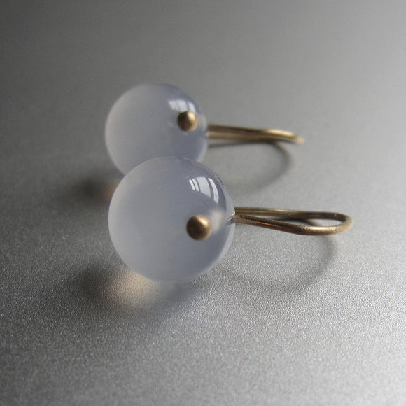 small blue chalcedony button drops solid 14k gold earrings