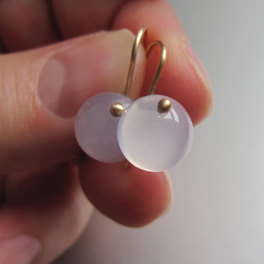 small blue chalcedony button drops solid 14k gold earrings