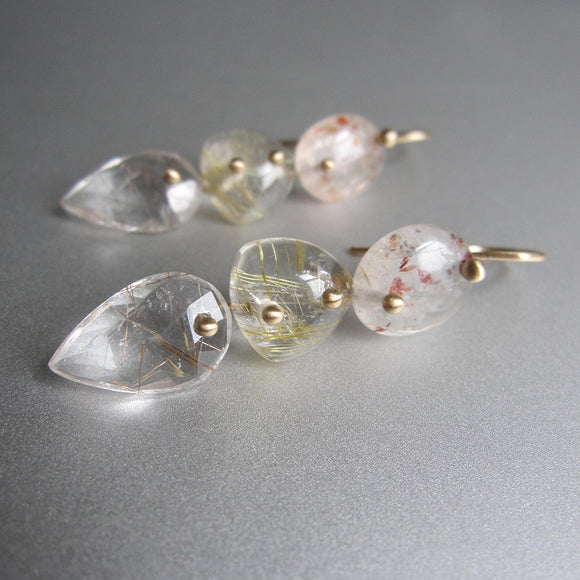 Sunstone, Golden and Copper Rutilated  Quartz Triple Drops, Solid 14k Gold Drop Earrings3