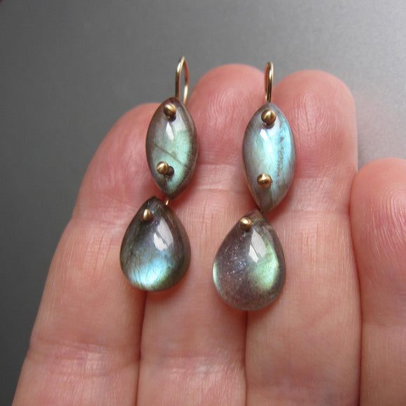 labradorite marquise and drop double drops solid 14k gold earrings