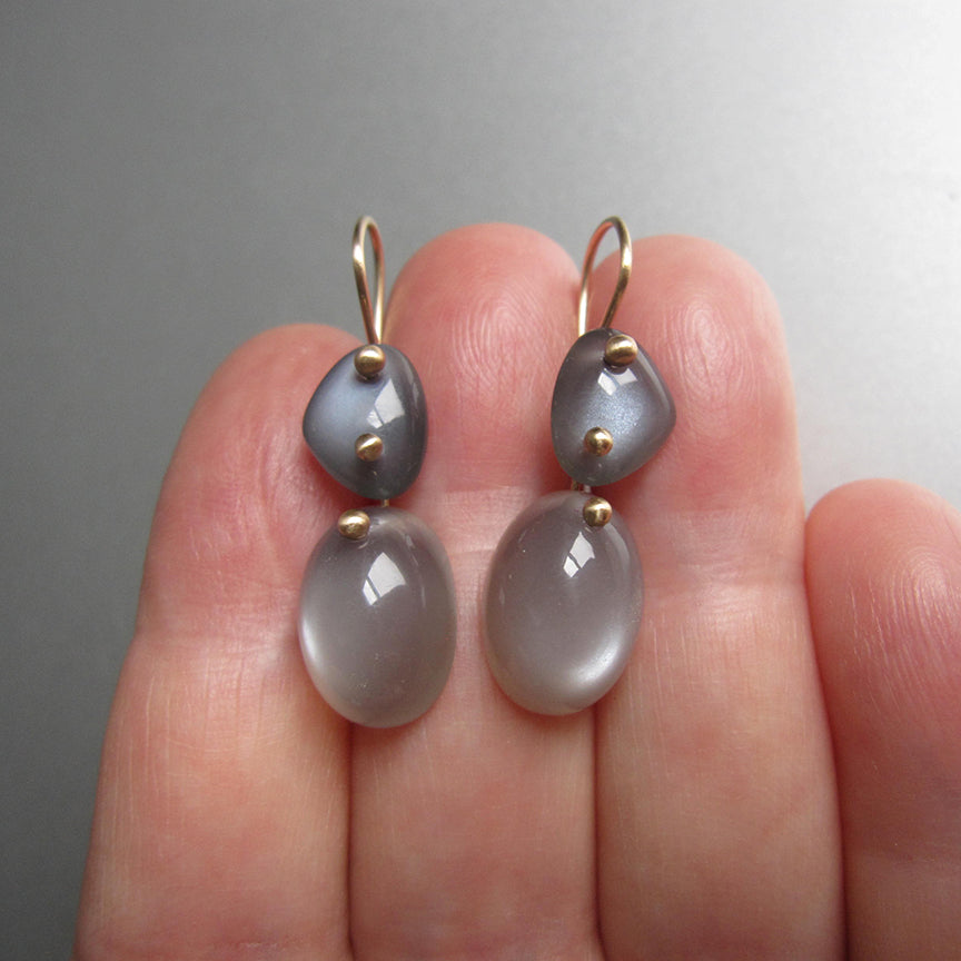 gray moonstone smooth double drops solid 14k gold earrings