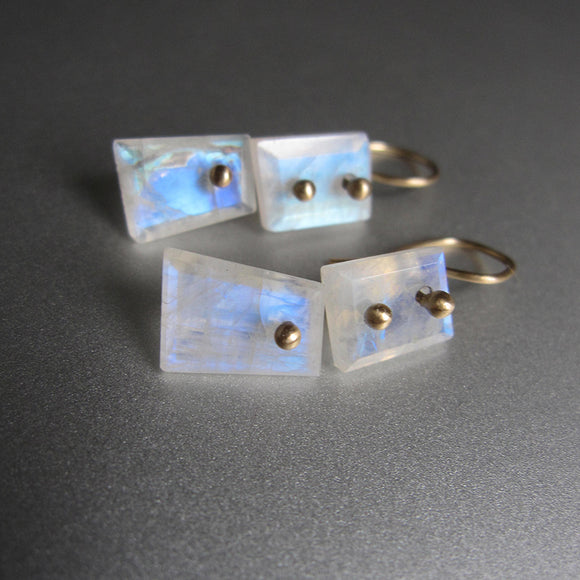 mismatched rainbow moonstone slice double drops solid 14k gold earrings