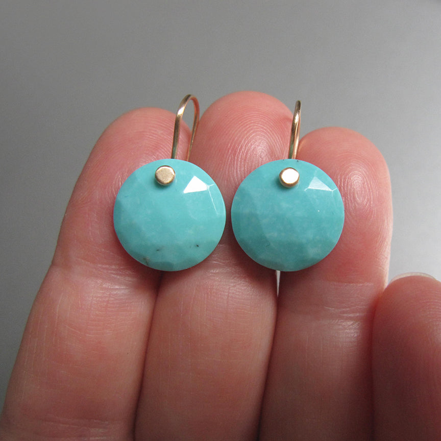 faceted blue turquoise disc drops solid 14k gold earrings6