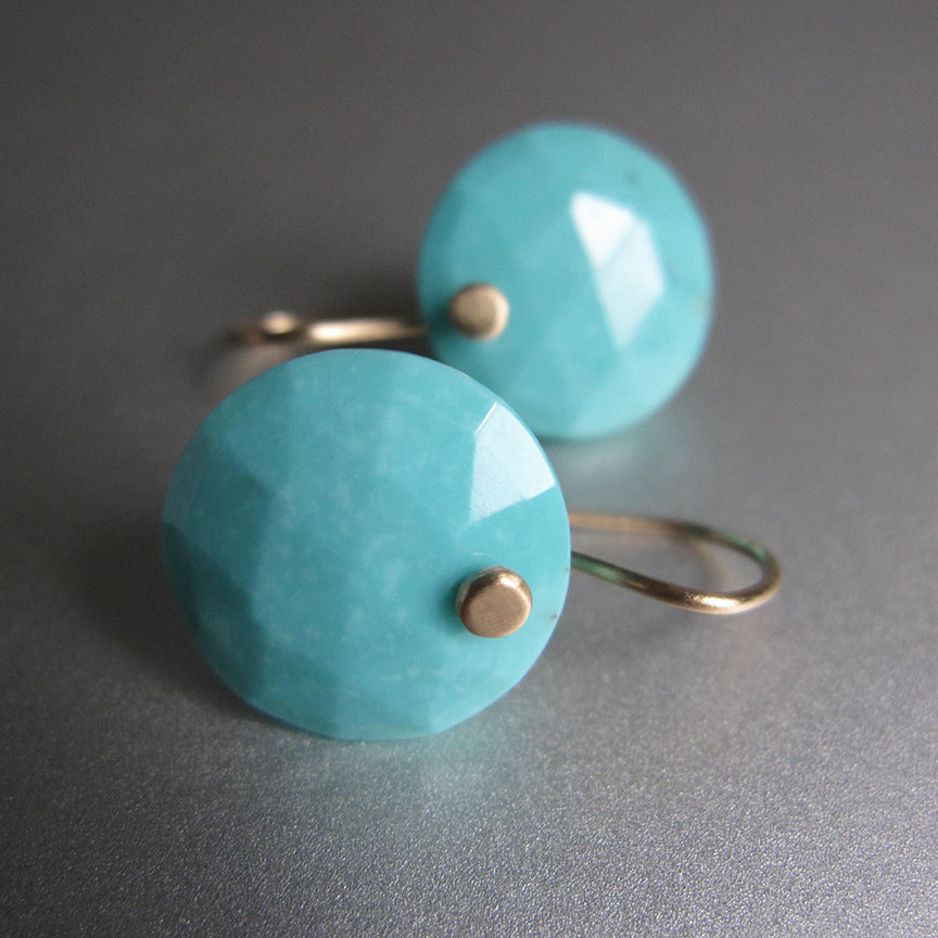 faceted blue turquoise disc drops solid 14k gold earrings