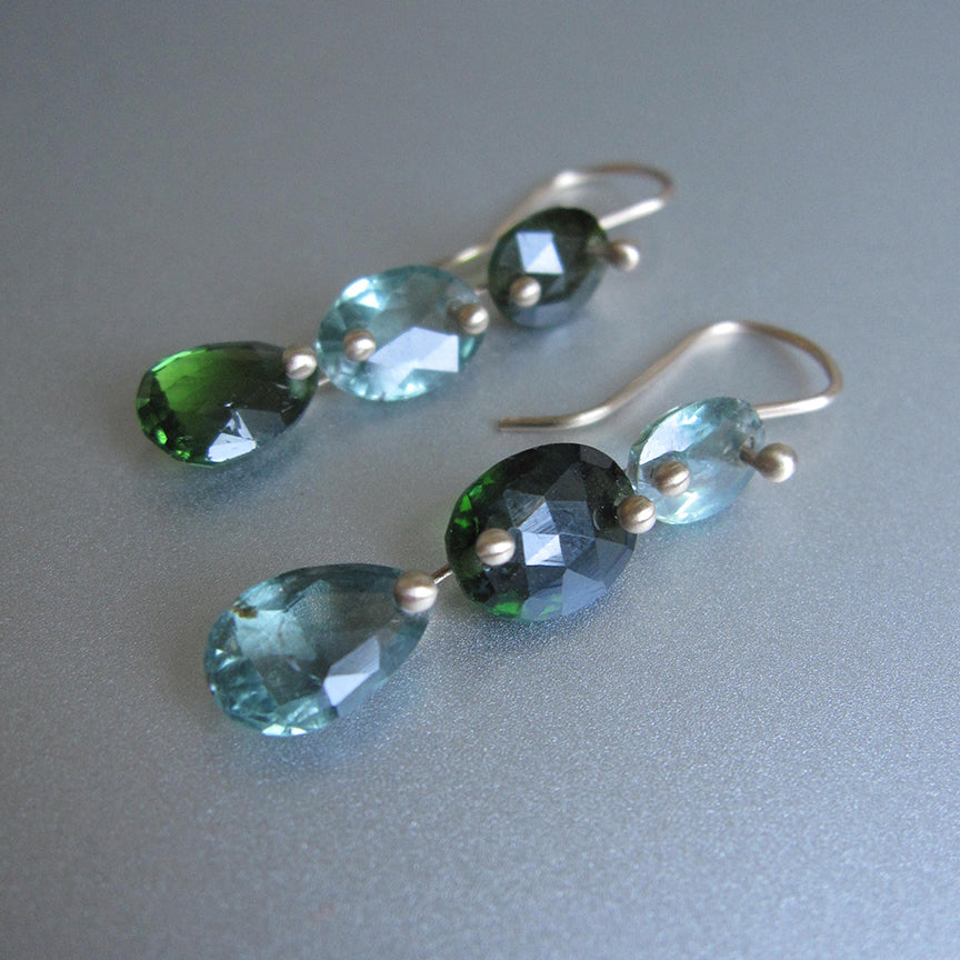 blue and green tourmaline oval and drop triple drops solid 14k gold earrings2