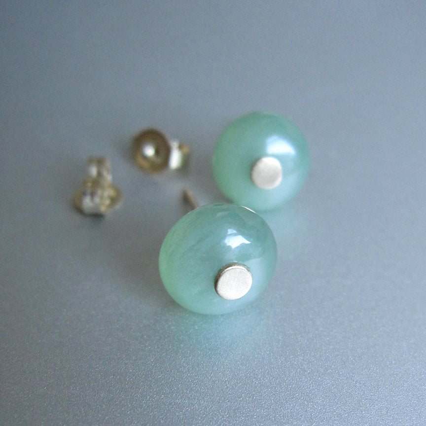nephrite jade button studs 14k gold earrings