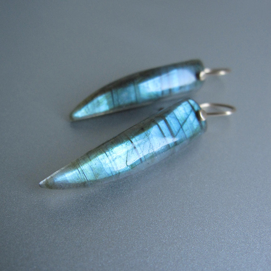 Blue Labradorite Long Curved Drops Solid 14k Gold Earrings