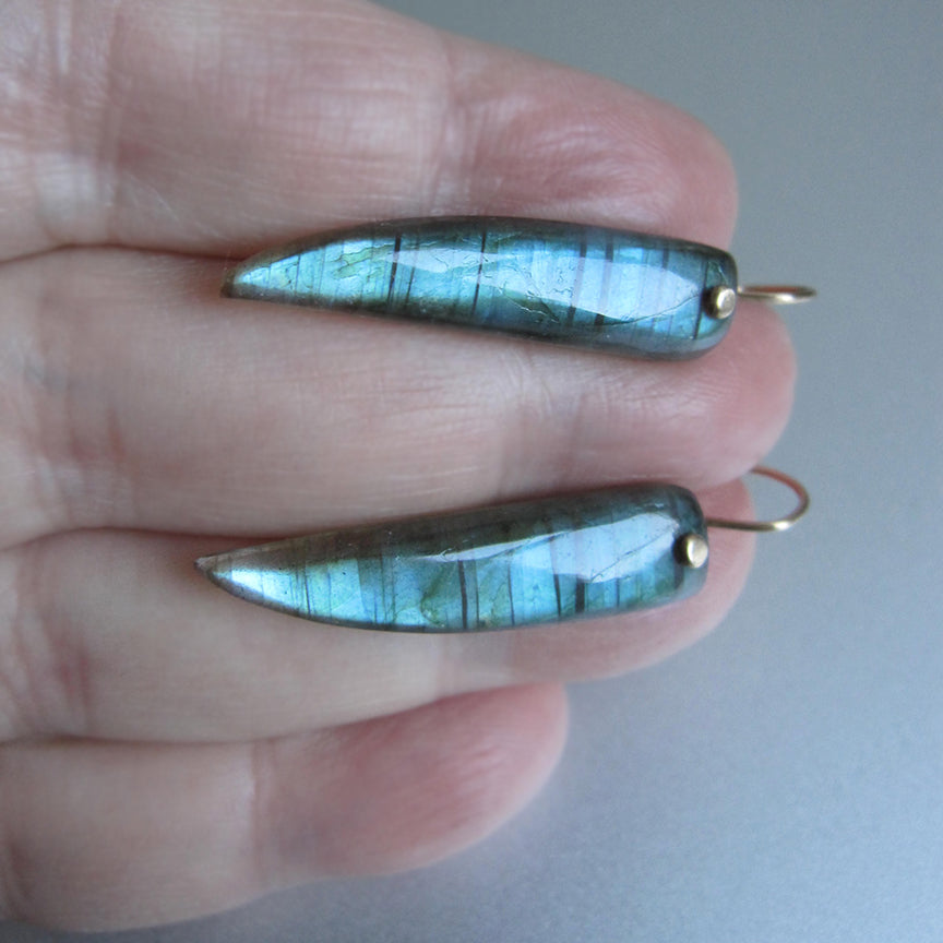 Blue Labradorite Long Curved Drops Solid 14k Gold Earrings4