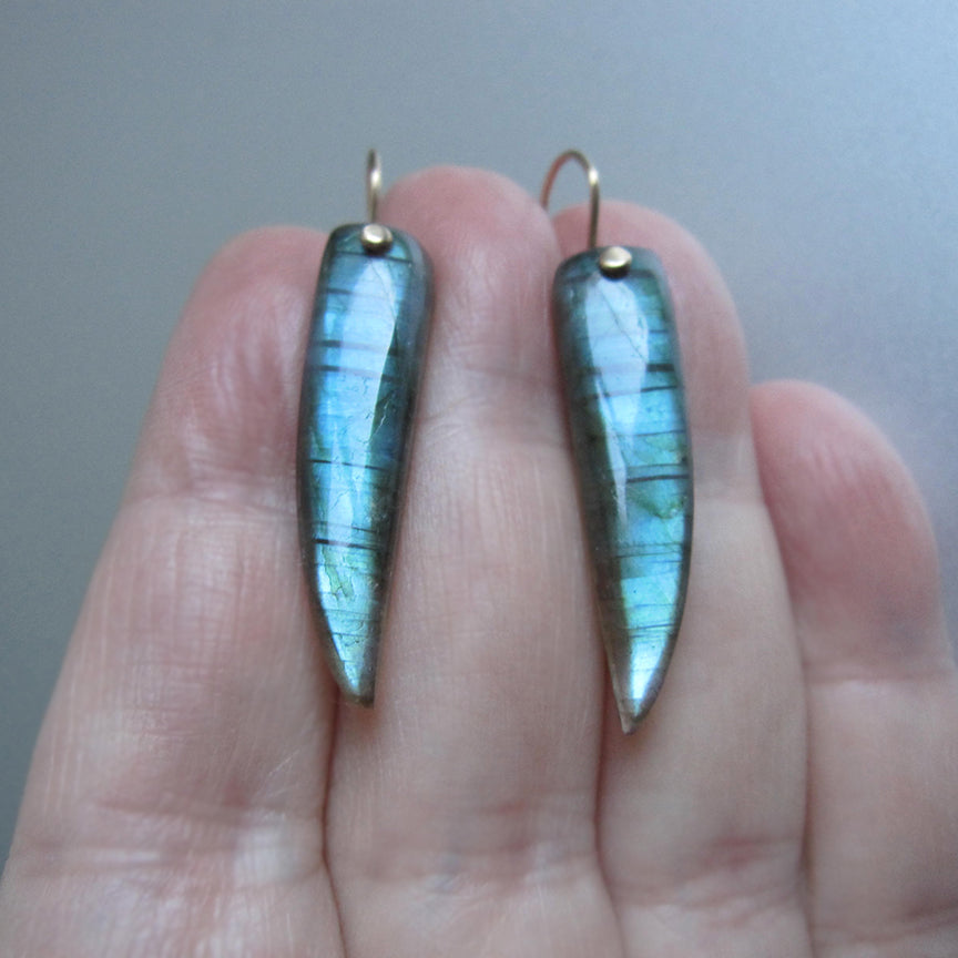 Blue Labradorite Long Curved Drops Solid 14k Gold Earrings2