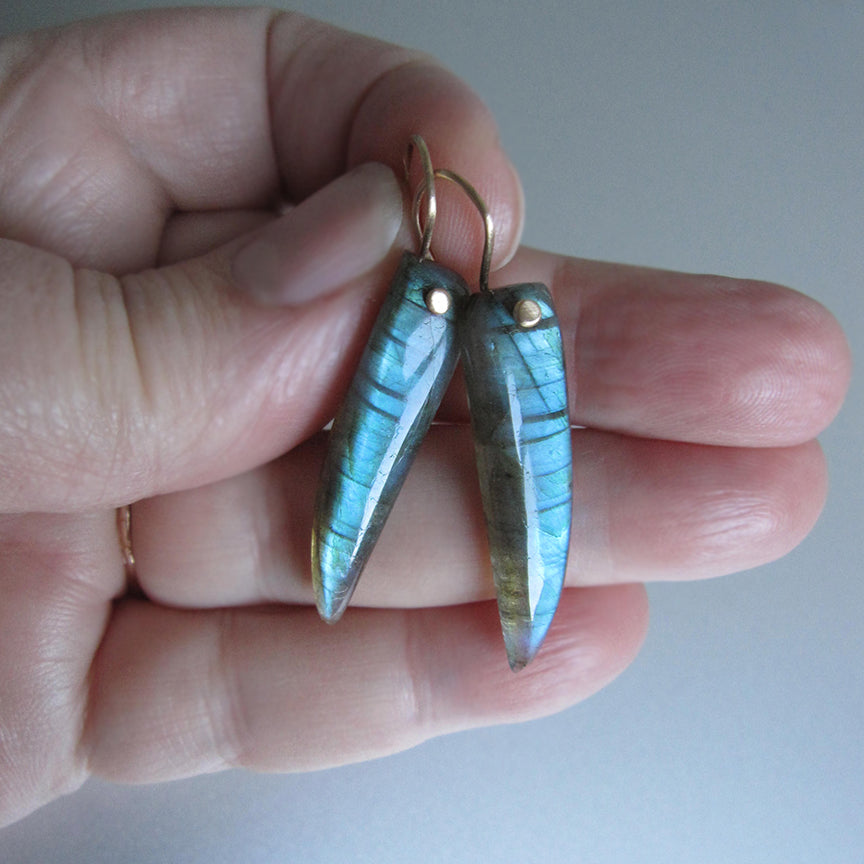 Blue Labradorite Long Curved Drops Solid 14k Gold Earrings5