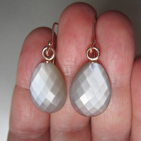 Gray Moonstone Faceted Drops Solid 14k Gold Earrings Choose Rose Gold or Yellow Gold