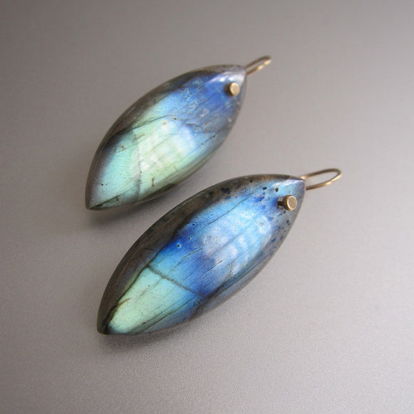labradorite blue to green thick navette drops solid 14k gold earrings