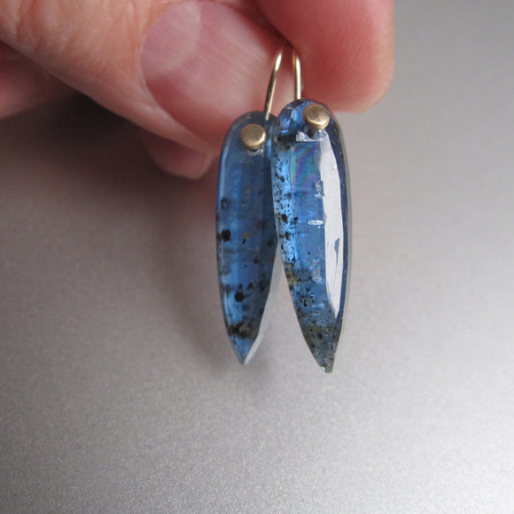 mossy blue kyanite pointed drops solid 14k gold earrings
