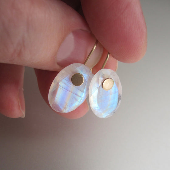 rainbow moonstone edge faceted oval drops solid 14k gold earrings