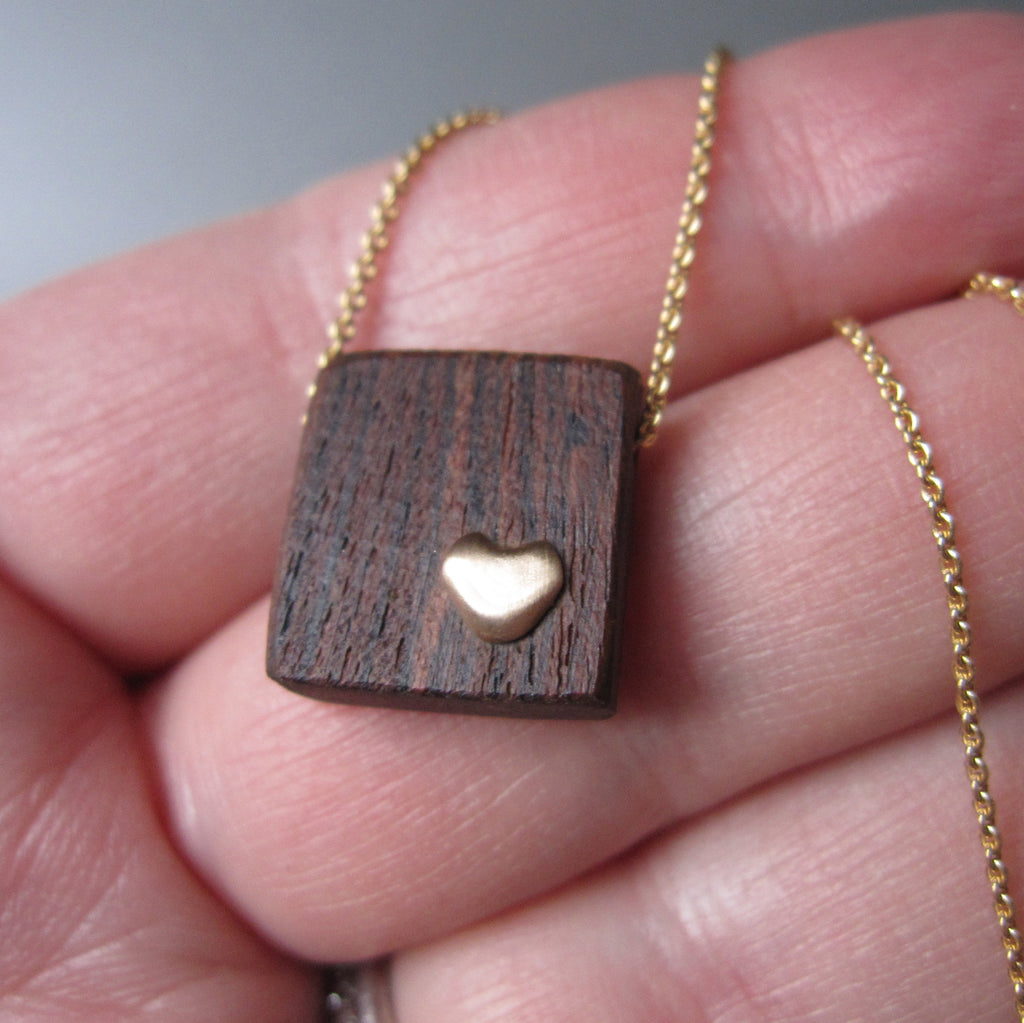 recycled wood and gold heart necklace solid 14k gold necklace valentine6