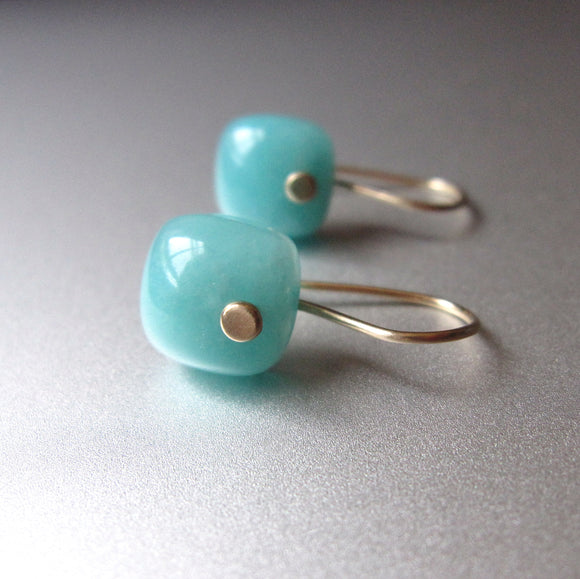 small blue amazonite cushion drops solid 14k gold earrings