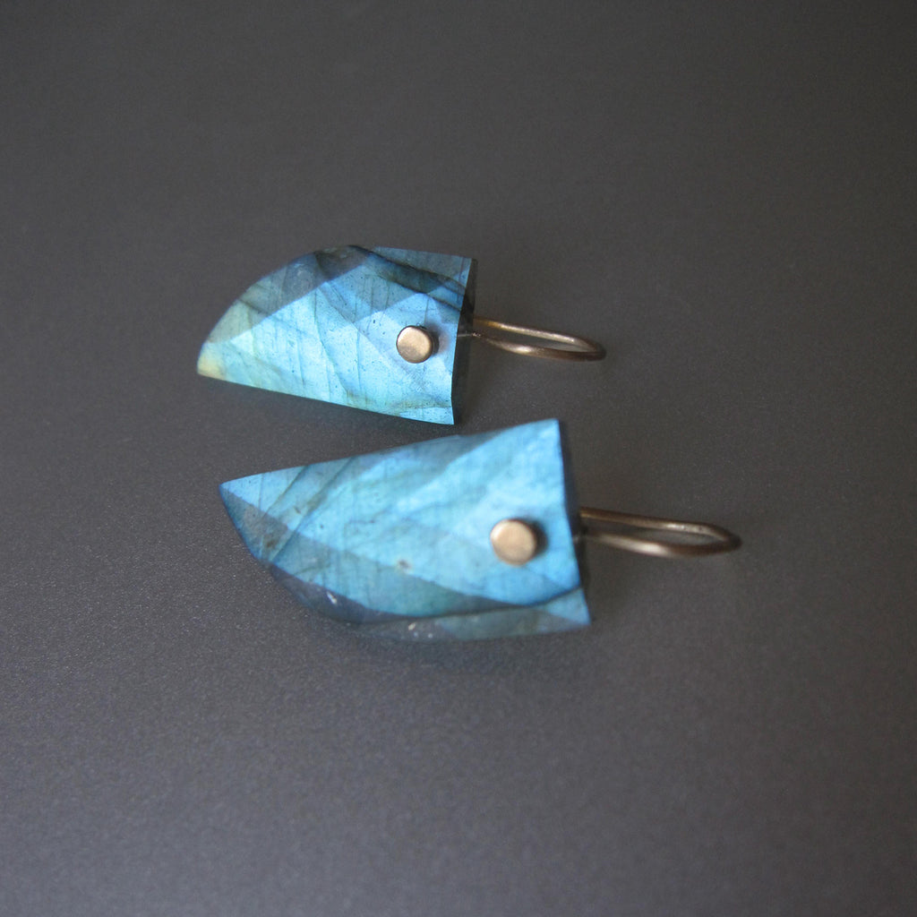 curved horn slices of blue labradorite solid 14k gold earrings
