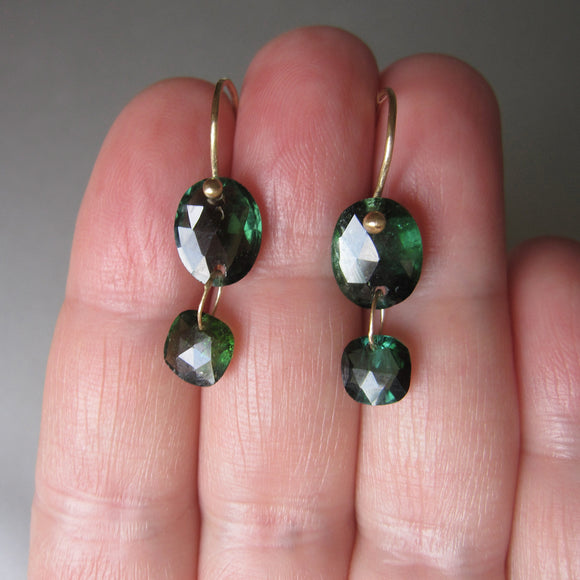 faceted green tourmaline double drops solid 18k gold earrings