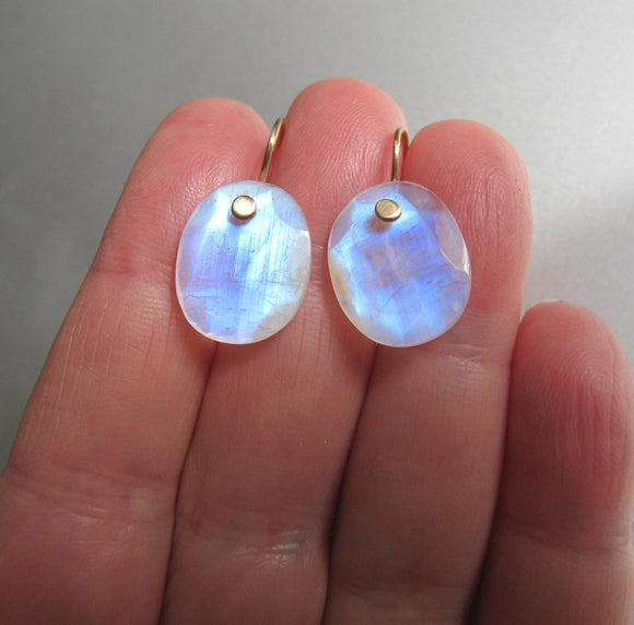 station cut rainbow moonstone oval slices solid 14k gold earrings