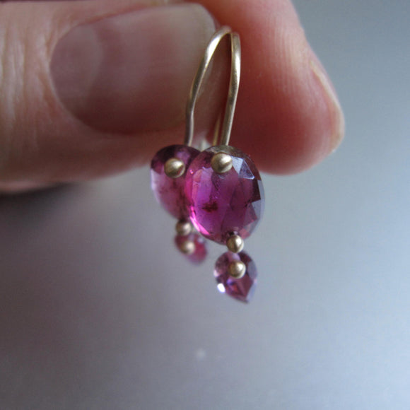 small dark pink tourmaline double drops solid 14k gold earrings