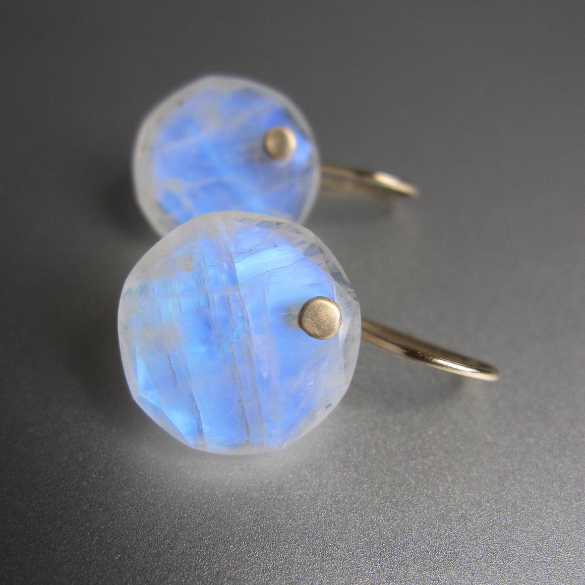 rainbow moonstone station cut discs solid 14k gold earrings