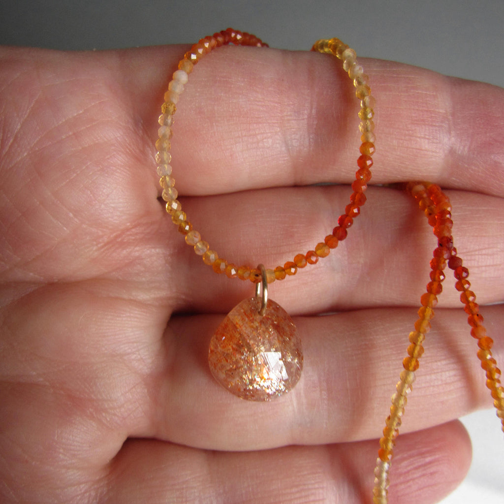 fire opal seed bead necklace with sunstone pendant and solid gold clasp