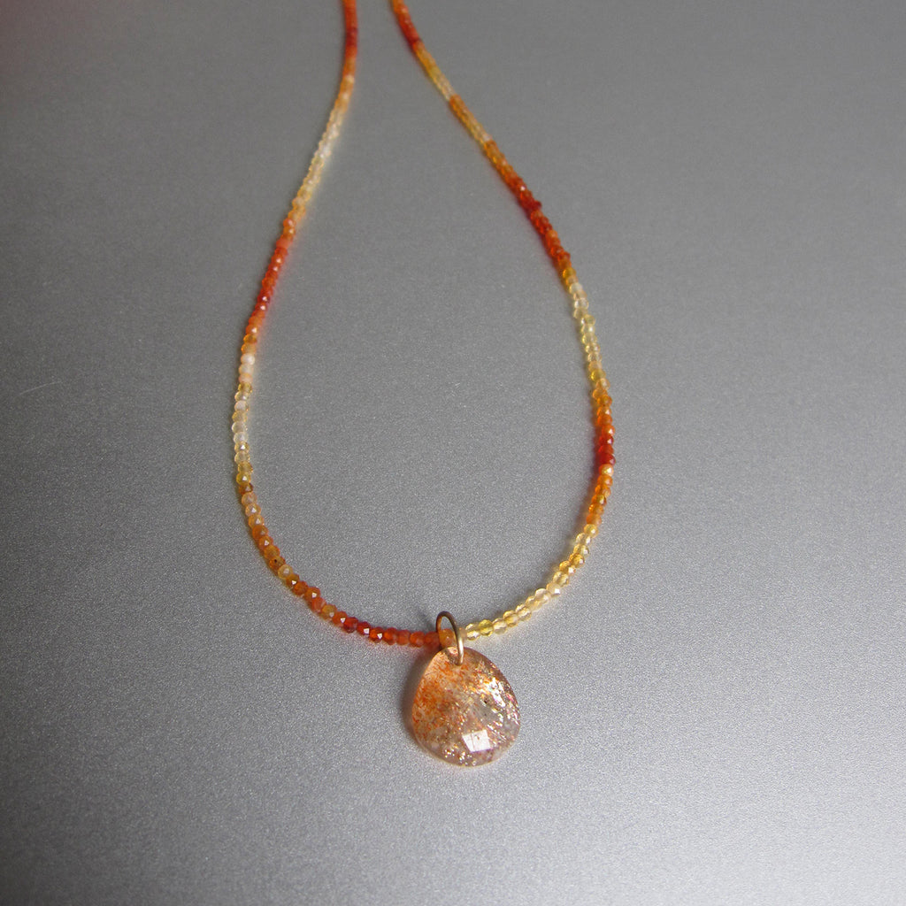 fire opal seed bead necklace with sunstone pendant and solid gold clasp6