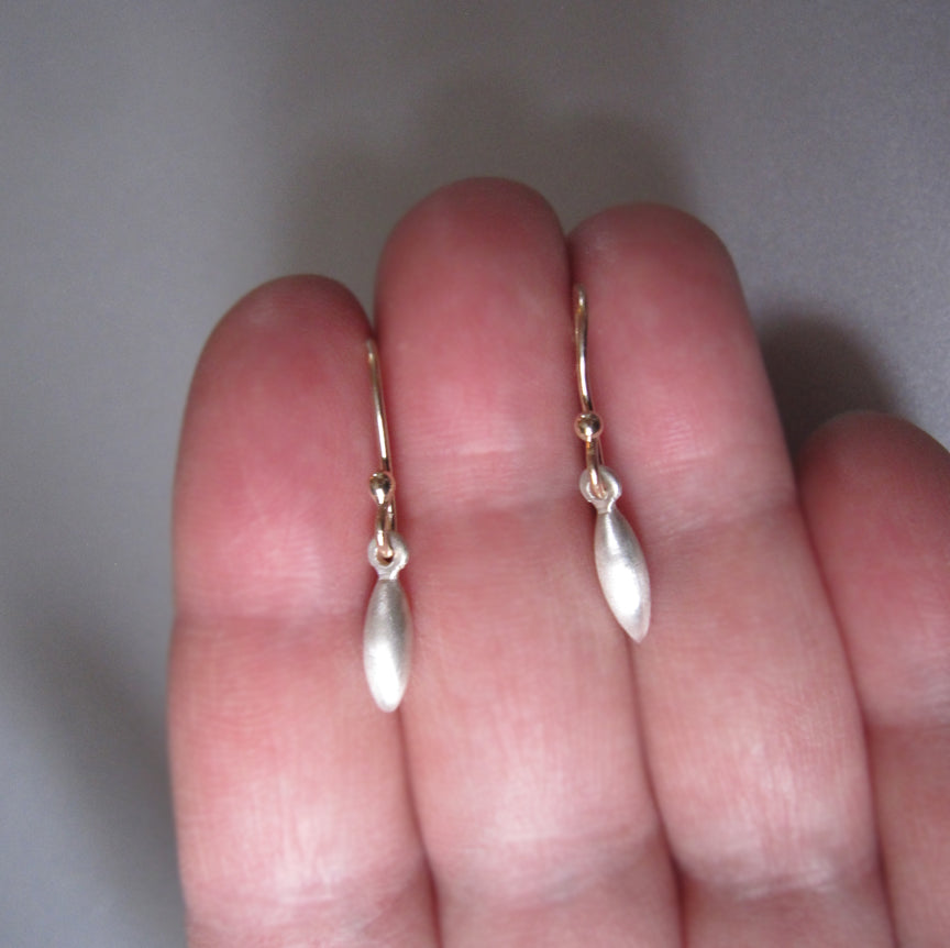 brushed silver pointed drops on solid 14k gold earwires4