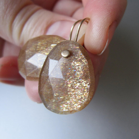 golden sunstone rose cut slices solid 14k gold earrings