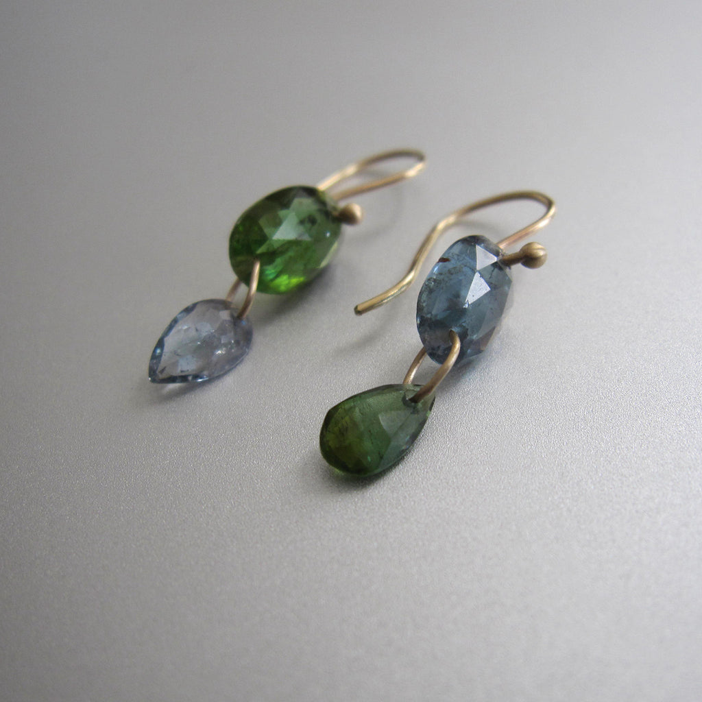 Small Green and Blue Tourmaline Mismatched Double Drops, Solid 14k Gold Drop Earrings