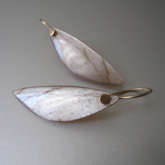 Long peach wing shaped moonstone drops solid 14k gold earrings