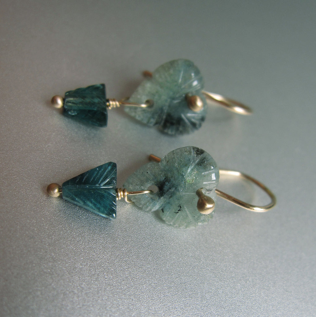 carved indicolite tourmaline flower double drops solid 14k gold earrings5