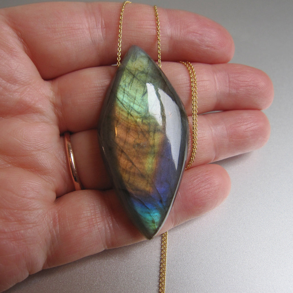 large rainbow labradorite pointed drop pendant solid 14k gold necklace2
