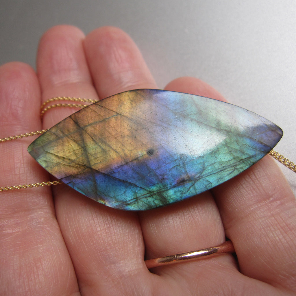 large rainbow labradorite pointed drop pendant solid 14k gold necklace6
