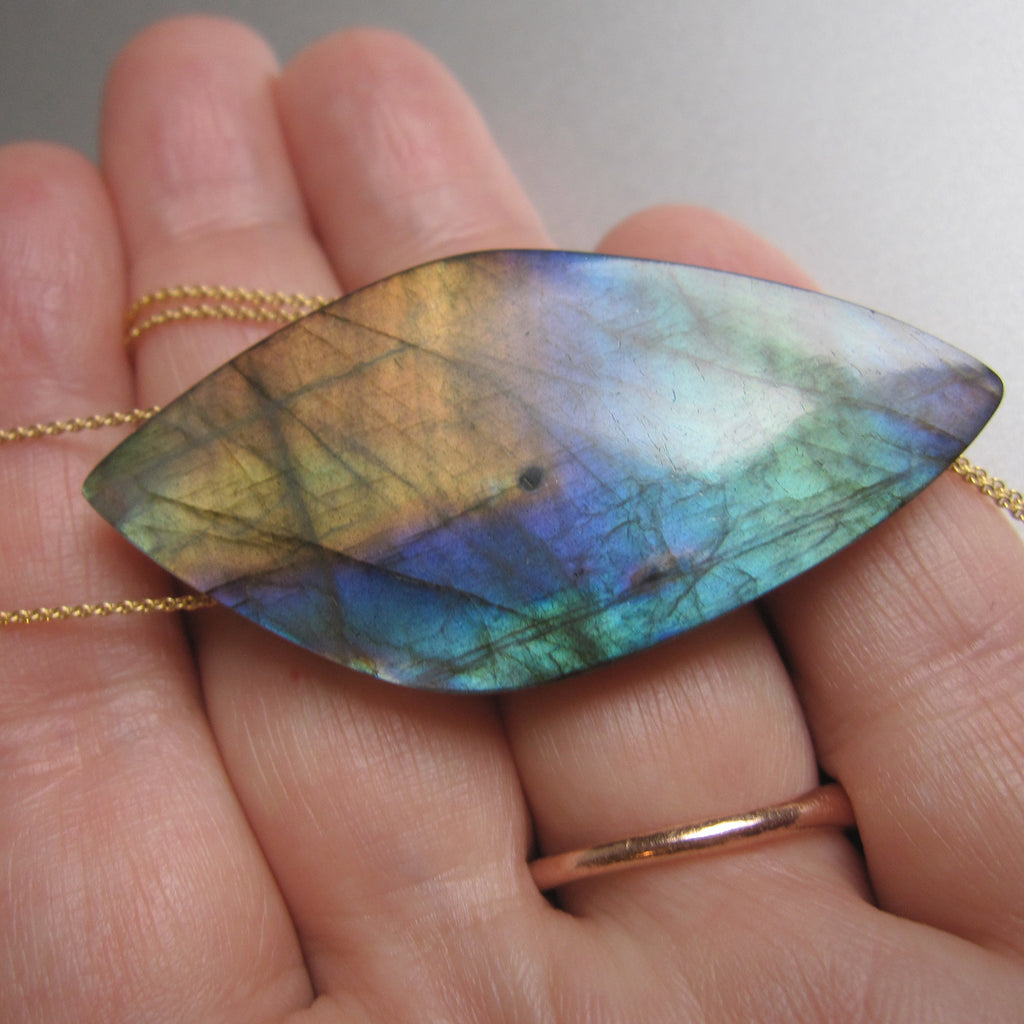 large rainbow labradorite pointed drop pendant solid 14k gold necklace7