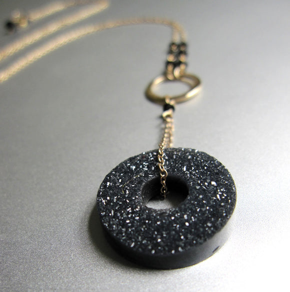 black agate drusy and spinel solid 14k gold necklace