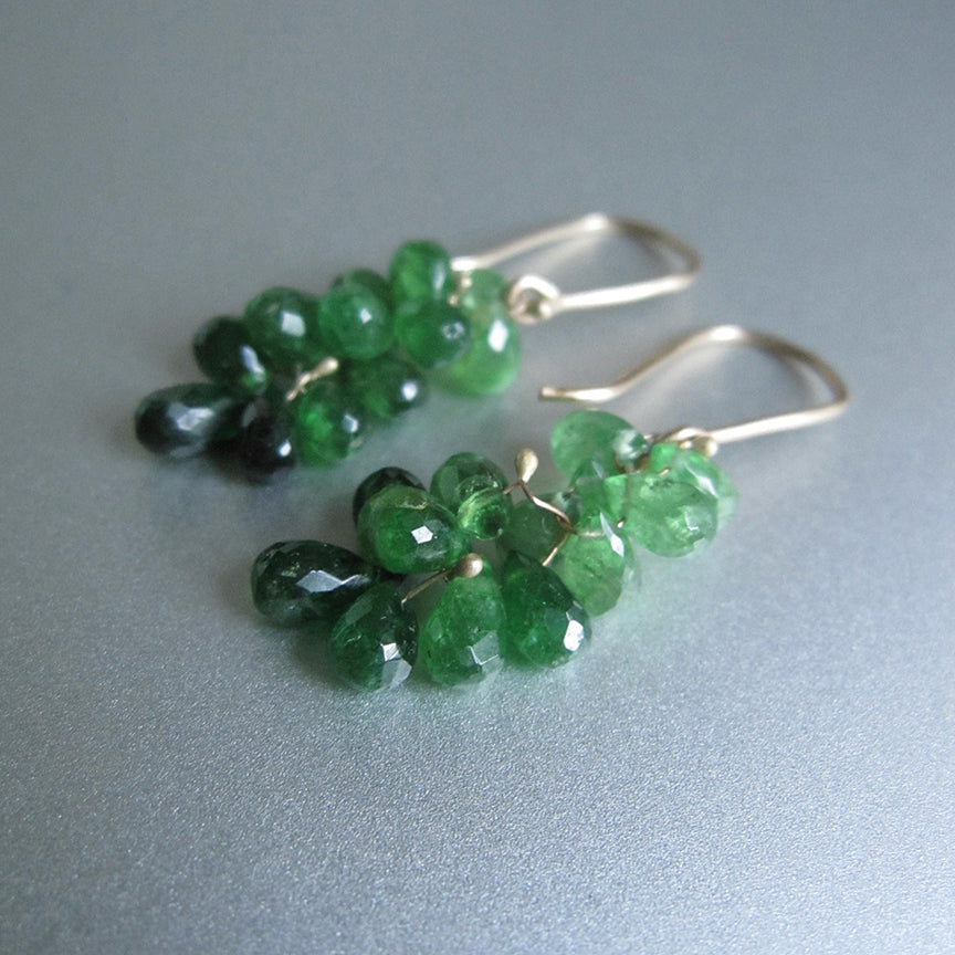 multi green garnet cluster drops solid 14k gold earrings