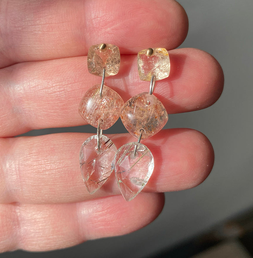 Custom Listing for Erin --- Topaz, Rutilated Quartz and Sunstone Triple Drop Solid 14k Gold Earrings