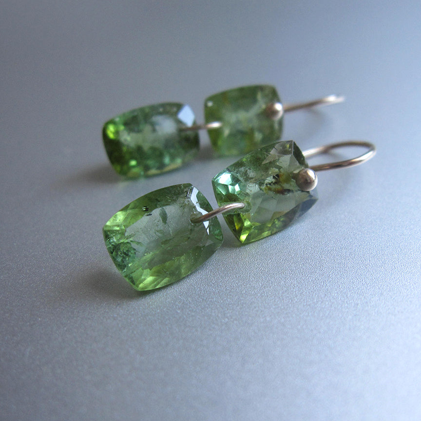 Chrome Green Tourmaline Double Cushion Drops Solid 14k Gold Drop Earrings