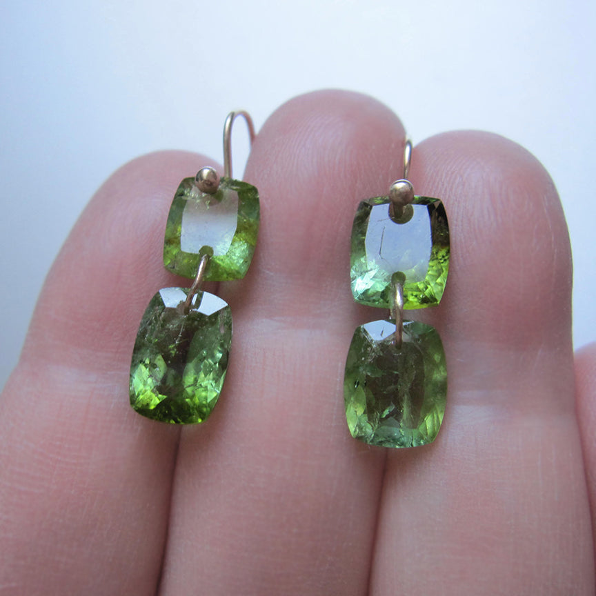 Chrome Green Tourmaline Double Cushion Drops Solid 14k Gold Drop Earrings5