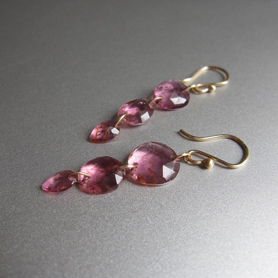 Medium Pink Rubellite Tourmaline Triple Rose Cut Drops Solid 14k Gold Drop Earrings2