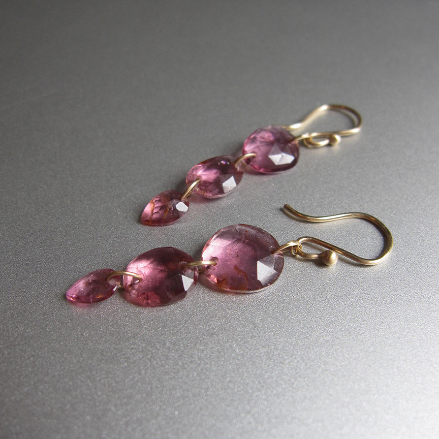 Medium Pink Rubellite Tourmaline Triple Rose Cut Drops Solid 14k Gold Drop Earrings2