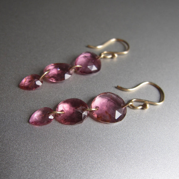 Medium Pink Rubellite Tourmaline Triple Rose Cut Drops Solid 14k Gold Drop Earrings2