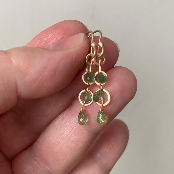 green tourmaline briolette triple drops and hammered loops solid 14k gold earrings2